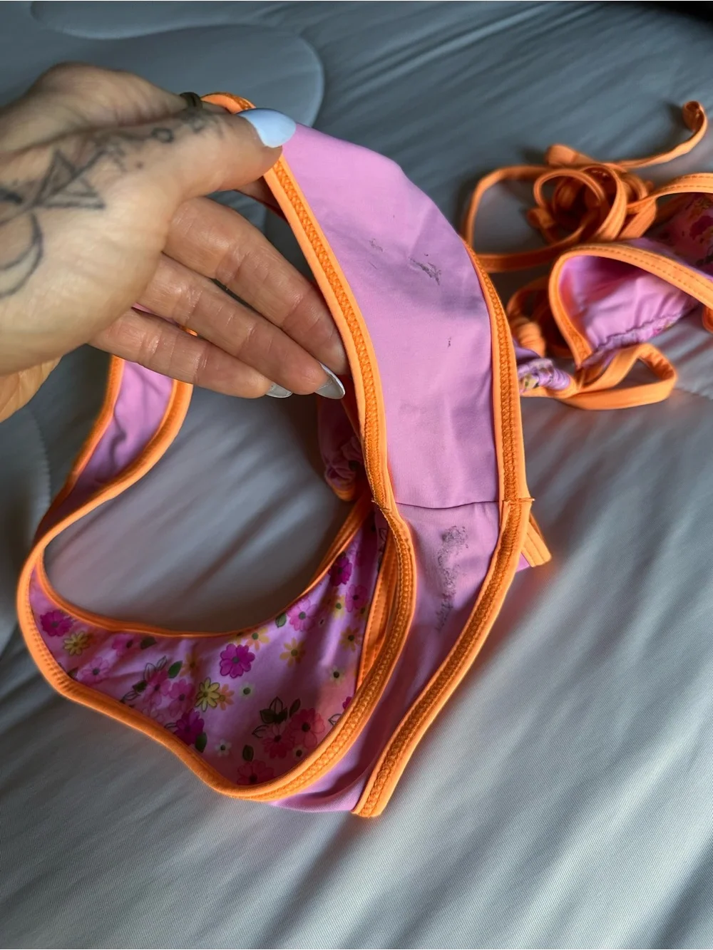 Frankie's Bikinis Pink Triangle Bikini with Orange Trim